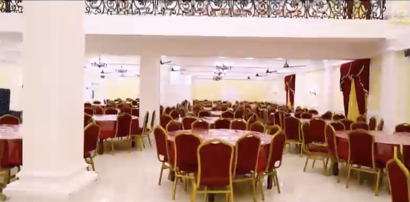 Convention hall event setup at night